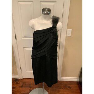 Kay Unger Black One Shoulder Silk Sheath Dress W/ Oversized Bow, Size 12